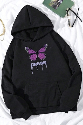 Unisex Oversize Dream Butterfly Baskılı Sweatshirt Siyah