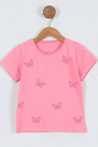 Hçm Kız Çocuk Tshirt Kelebek Baskılı Bisiklet Yaka D31 Pembe