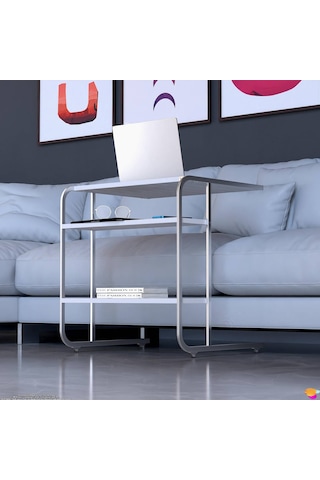 Modilayn C Yan Sehpa Geniş Boy Tekerlekli Çalışma, Atıştırmalık, Yemek, Laptop Sehpası Beyaz Çizgili Beyaz