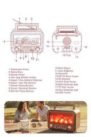 Güneş Enerjili Nostaljik Alev Efektli Şömine Tasarım Bluetooth Hoparlör Radyo