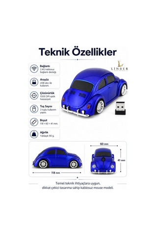 Klasik Mavi Beetle Vosvos Tasarımlı 2.4g Kablosuz Mouse Usb Alıcılı Kırmızı Araba Şeklinde Optik Mouse Çok Renkli Diğer