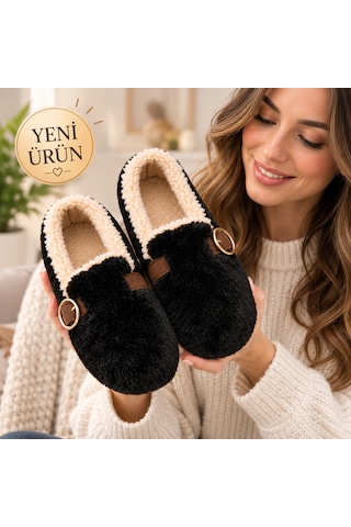 Moon Cloud Kadın Peluş Gold Aksesuar Detaylı Sıcak Tutan Loafer Ev-ofis Ayakkabı-babet Hediyelik-çeyizlik Siyah