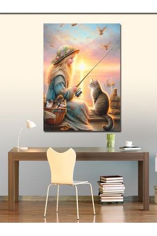 Kanvas Tablo Balık Tutan Küçük Kız Ve Kedi 70cmx100cm