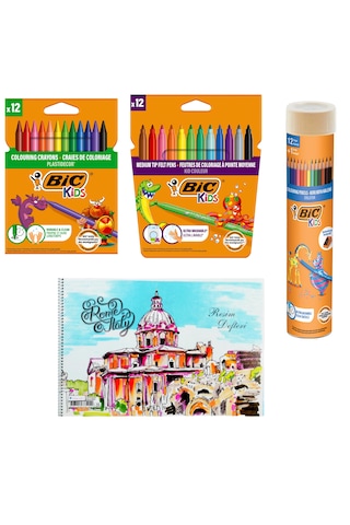 Bic 3'lü Boya Seti Kuru + Keçeli + Pastel Boya 12'li ve Resim Defteri