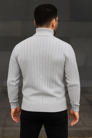 Erkek Balıkcı Yaka Bağazlı Triko Kazak Pamuklu Kalın Fitilli Dokuma, Regular Fit Uzun Kollu Kışlık Model - Gri Gri