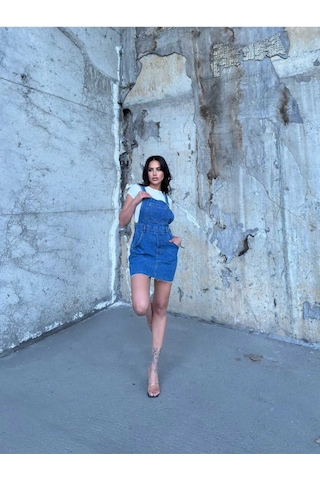 Shevega Kadın Mavi Ucu Kesik Kanguru Cep Etekli Bahçivan Kot Tulum Mavi