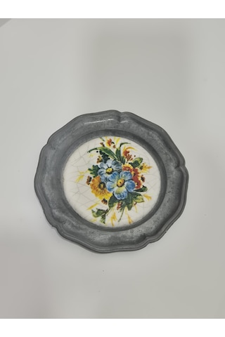 Vintage Zınn Çerçeveli Dekoratif Çiçek Temalı Duvar Tabağı 10cm 010