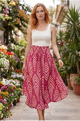 Soulshae Geometrik Desenli Beli Lastikli Asimetrik Midi Etek Pembe