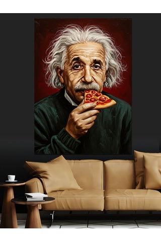 Pizza Yiyen Bilim İnsanı Portresi Dekoratif Kanvas - Mdf Ahşap Tablo