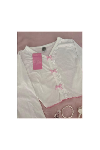 Mh Moony Homewears Ruzova Kurdele Detaylı Crop Uzun Kol Üst Pijama Takımı Pembe