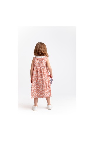 Yakası Çift Fırfırlı Çiçekli Müslin Kız Çocuk Elbise Gül Kurusu Gülkurusu