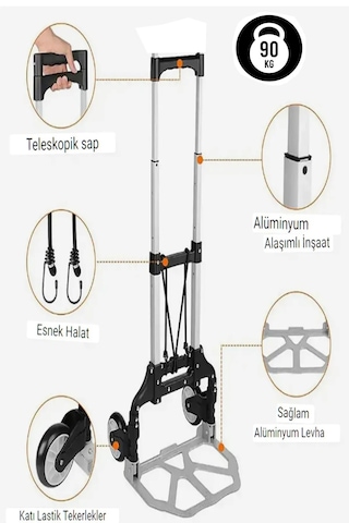 Pro Seri 90 Kg Kapasiteli Teleskopik, Katlanır El Arabası Koli Yük Paket Taşıma El Arabası Katlanır