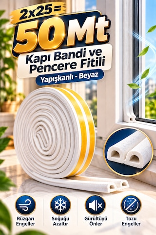 Kapı Bantı Ve Pencere Fitili Bandı Yapışkanlı Beyaz 2 x 25 M