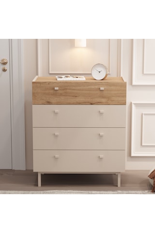 Robinhome Rhode Geniş Şifonyer 4 Çekmeceli Ahşap Ayaklı Kumsal-sepet Bej