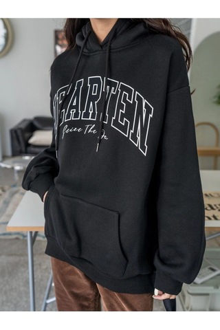 Kadın Hearten Baskılı Oversize Sweatshirt Siyah