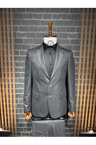 Dupont Classics Dupont Erkek Slim Fit 6 Drop Çizgili Viskon Mono Yaka Çift Düğme Çift Yırtmaç 2 Li Takım Elbise Gri