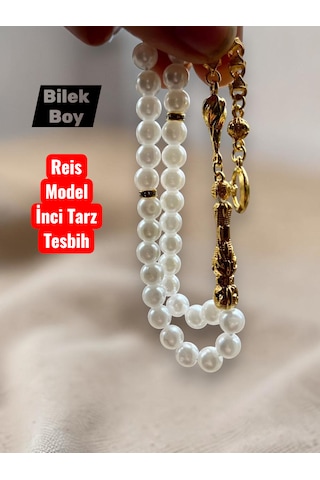 İnci Tarz Tesbih Bilek Boy Reis Model Tesbih Beyaz - Sarı