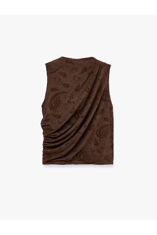 Koton Drape Detaylı Dik Yaka Çiçekli Kolsuz Bluz Kahverengi Desenli 7wal30025ık