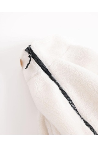 Ekru Peluş Dik Yaka Cepleri Fermuarlı Oversize Peluş Ceket Ekru