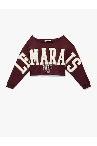 Koton Şardonlu Uzun Kollu Baskılı Kayık Yaka Oversize Crop Sweatshirt Bordo 6wal10574ık Bordo