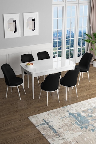 Canisa Concept Han Serisi 70x114 Açılabilir Mdf Mutfak Masası Takımı Beyaz Masa 6 Siyah Sandalye Masa Beyaz Sandalyeler Siyah