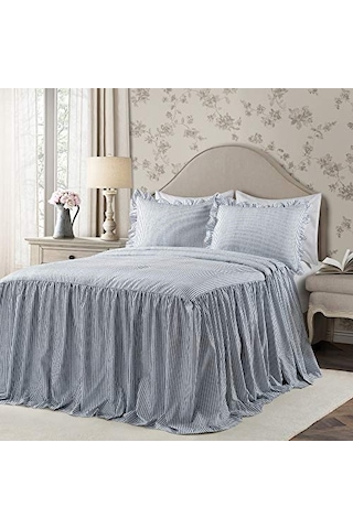 Ticking Çizgili Yatak Örtüsü Lacivert Vintage Şık Çiftlik Evi Tarzı Hafif 3 Parça Set King, Polyester Çok Renkli