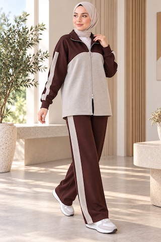 Stilkusagi Kahverengi Bloklu Fermuarlı Hırka Pantolonlu Triko Takım Oversize Tesettür