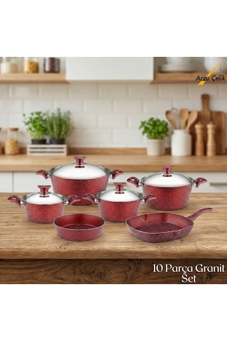 10 Parça Granit Set Çelik Kapak - Kırmızı Kırmızı