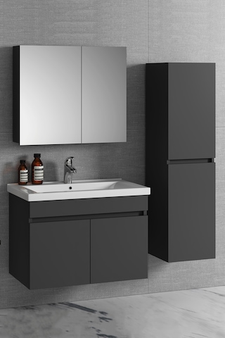 Çiğdem 80+35 Cm Antrasit Gri Mdf Lavabolu Asma Banyo Dolabı Takım Antrasit - Gri