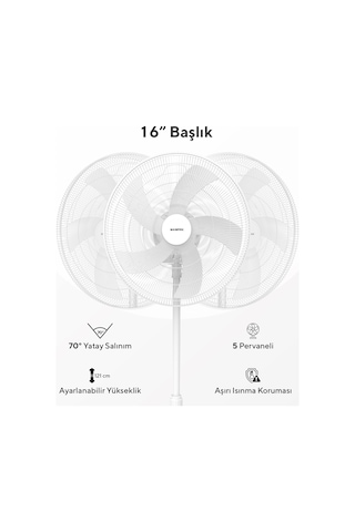 Kumtel KTF-350 Beyaz 16 İnç Ayaklı Vantilatör 50 W 5 Pervaneli 3 Kademeli 121 CM Ayarlanabilir Yükseklik