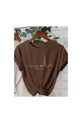 Medinenur Rome Desen Baskılı Basic T-shirt Kahverengi