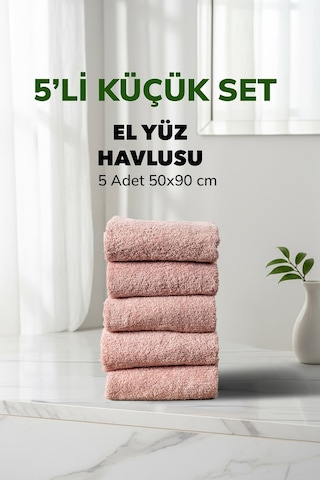 5 Li Kareli Pudra Renk Yumuşak Pamuk El Yüz Havlusu Seti 50x90 Cm