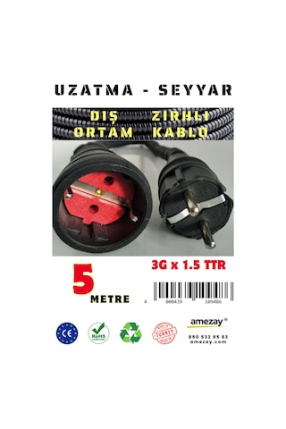 5 Metre Dış Ortam Spiral Zırhlı Uzatma Kablosu - G3x1.5 Kablo Kesiti 5 Metre