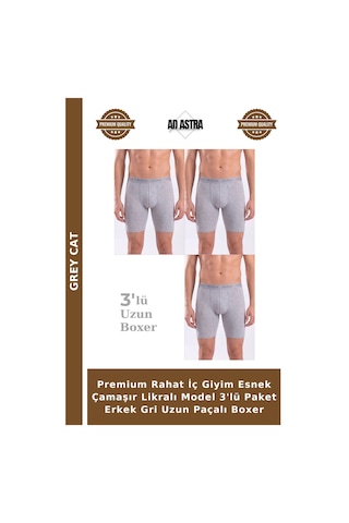 Grey Cat Premium Rahat İç Giyim Esnek Çamaşır Likralı Model 3'lü Paket Erkek Gri Uzun Paçalı Boxer