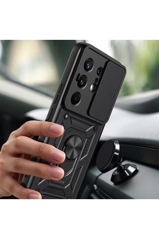 Maks Technology Tecno Camon 50 Pro Kılıf Magnetik Standlı Kamera Korumalı Mkst Sürgülü Vega Kapak - Siyah