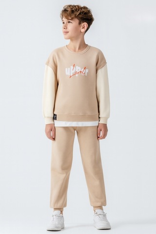 Erkek Çocuk Upper Baskılı 3 İplik Kalın Kışlık Eşofman Takımı Ak4231 Bej
