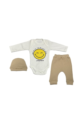 Babysena Happy Baskılı Unisex Bebek Bodyli 3 Lü Takım Bej