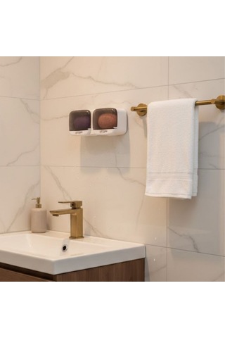 Buffer Duvara Monte İkili Kapaklı Plastik Katı Sabunluk Organizer Banyo & Mutfak İçin Yapışkanlı Sabun Kutusu Ve Düze Beyaz