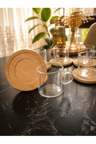 Borosilikat Cam Bardak 12 Parça Bambu Altlık İle Çay Ve Espresso Seti Ahşap