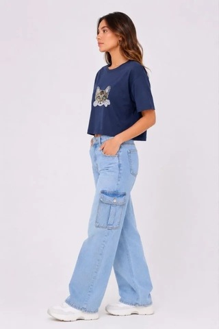 Defymoda Kedi Baskılı Oversize Crop Tişört Salaş Basic Yarım Kol T-shirt - Lacivert