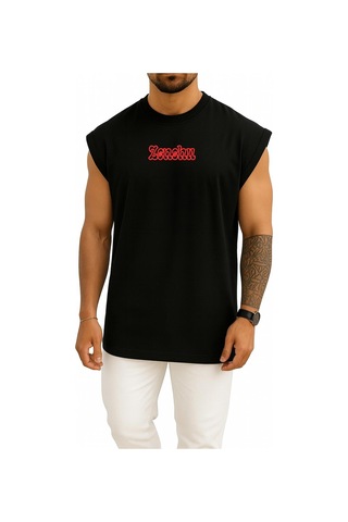 Oversize Zenshu Japon Anime Göğüs Baskılı Atlet Siyah