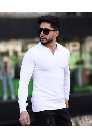 Classics Men Gewer Polo Yaka Uzun Kol Erkek Örme Triko-7152 Beyaz