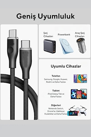 100w Type-c To Type-c Örgülü Hızlı Şarj Ve Veri Aktarım Kablosu /