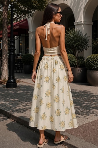 Feg Store Kadın Sarı Çiçek Desenli Viskoz Beli Lastikli Kloş Yazlık Bilek Üstü Etek