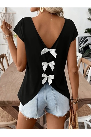 Kadın Kısa Kollu V Yakalı Arkadan Kurdele Detaylı Viskon Bluz Karışık