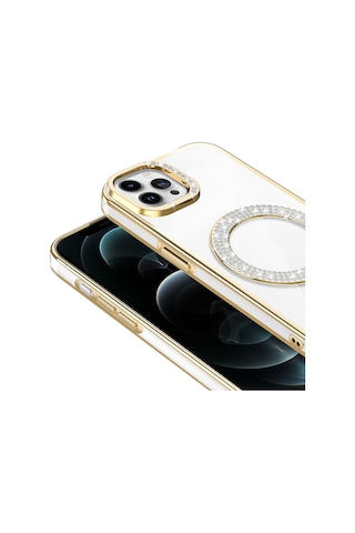 Apple Uyumlu iPhone 12 Pro Kılıf Pırlanta Taş Tasarımlı M-safe Şarj Özellikli Karetta Silikon Kapak Gold
