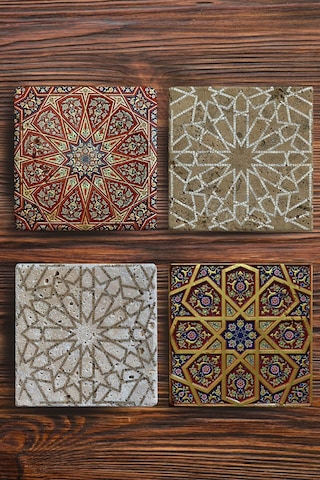 Baskılı Doğal Taş Bardak Altlığı 4'lü Set 10X10X1 CM Çok Renkli