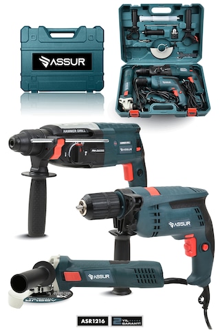 Assur Profesyonel ASR1216 Elektrikli Matkap + Taşlama + Kırıcı Delici + Hilti Mavi 3'lü Set