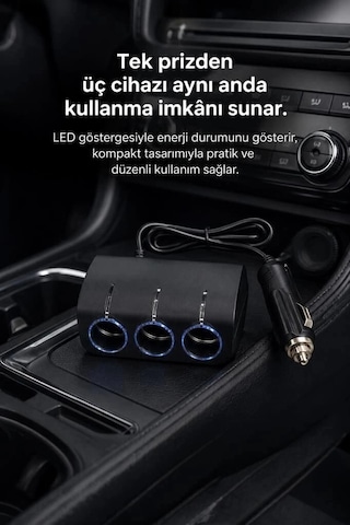 Torima Araç Şarj Cihazı Üçlü Led Soketli 120w G24 Siyah Cihaz Besleme Sürüş Aksesuarı Mobil Enerji