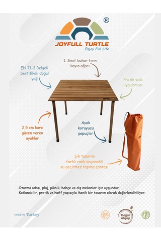 Joyfull Turtle 50x50x50 Cm Ahşap Katlanır Rulo Kamp Masası - Kayın